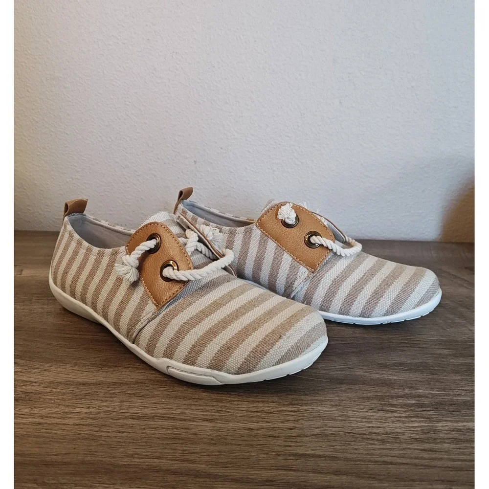 Ros Hommerson Calypso‎ Womens 8M Striped Canvas Shoe Casual Slip On Tan White